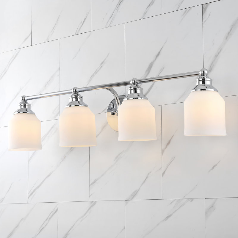 Lauder Iron/Frosted Glass Farmhouse Cottage LED Vanity Light, 4 Lights, Chrome