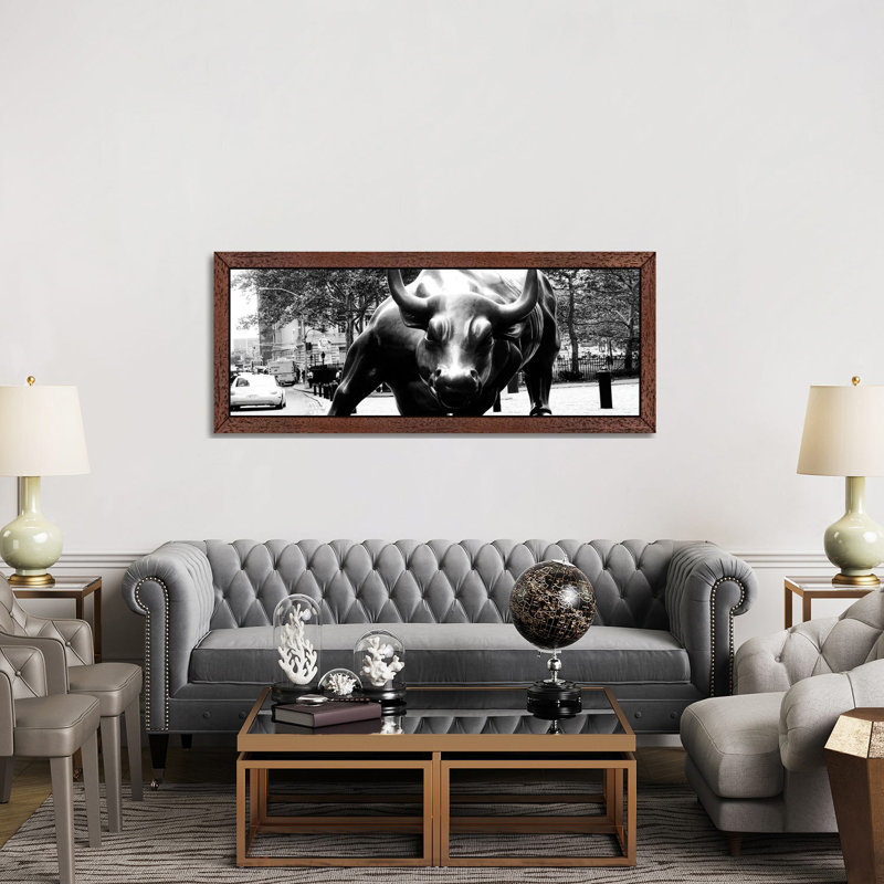 Wall Street Bull Close-up - Panoramic Print on Canvas, 121.92 cm H x 40.64 cm W, Brown Framed