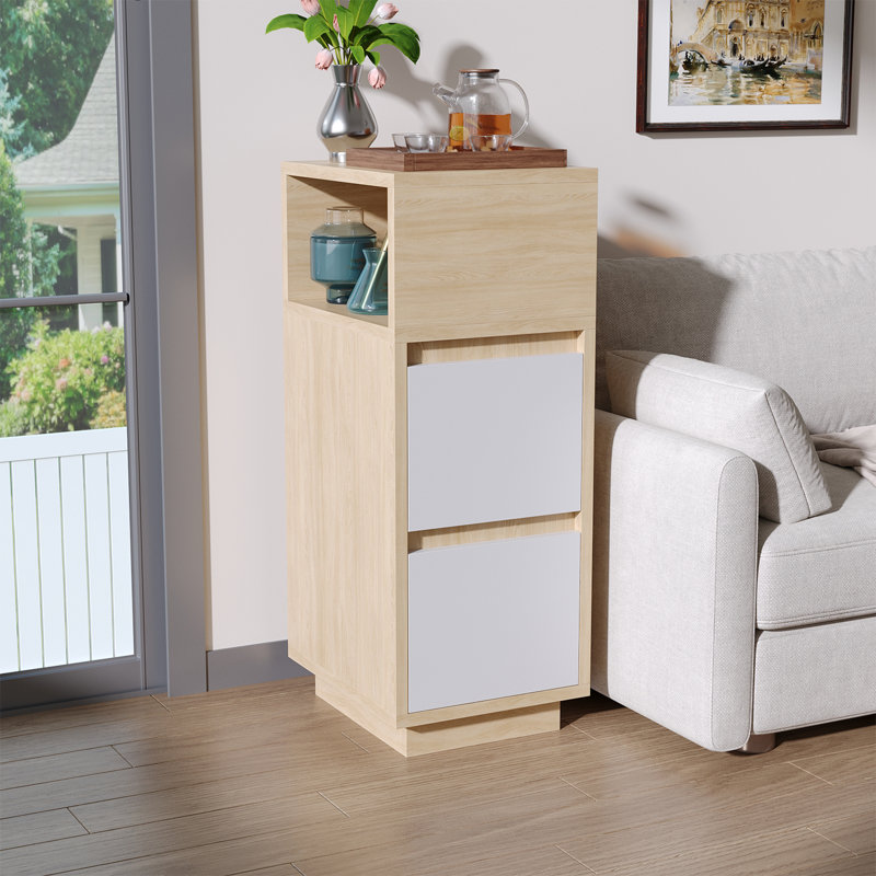 Modern White Wood 2-Drawer Nightstand with Open Shelf – Bedroom Storage Cabinet