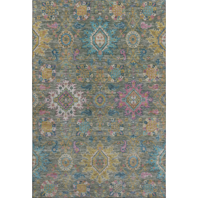 Premium Machine Washable Mayfield AMF2151 medallions Rug, Rectangle 8' x 10', Aloe