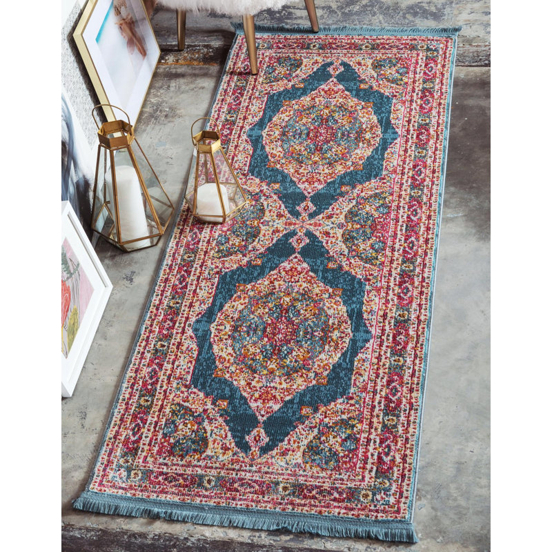 Tapis contemporain Mulvihill de couleur bleu sarcelle, Tapis de couloir 2 pi 7 po x 12 pi