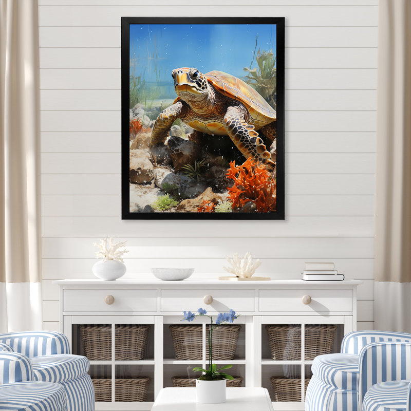 Aquarelle d'une tortue par le capitaine de la côte sur toile, Cadre simple noir, H 40 po x l 30 po x P 1,5 po