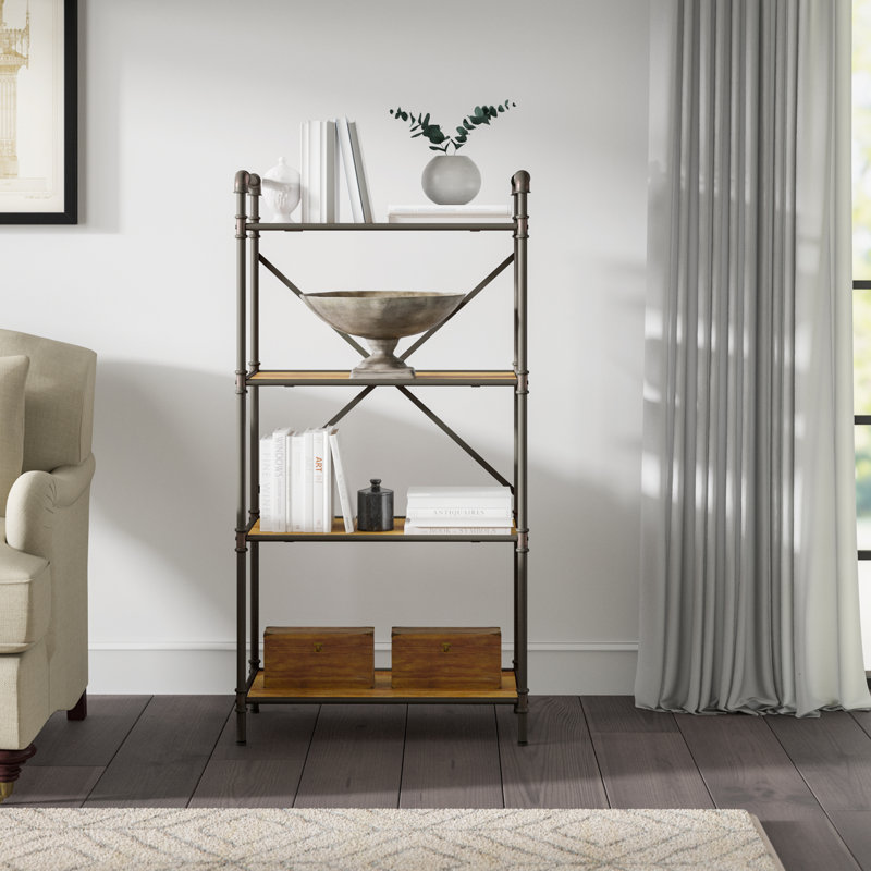 Forshee Geometric Bookcase in Antique Oak and Sandy Gray, (4 Shelves) 49 "H x 26 " W x 14" D