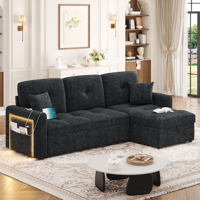 Canapé modulaire de 87 po, canapé en L avec méridienne de rangement et ports USB intégrés, Noir chenille