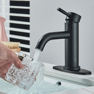 Robinet de salle de bain Mosson noir mat à un trou avec plaque de montage de 15 cm et bonde de vidange rétractable en plastique