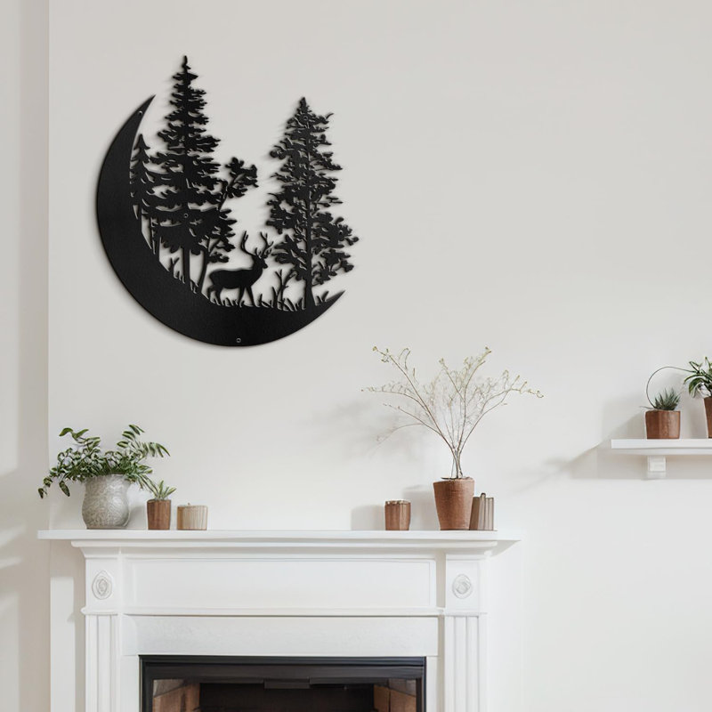 Deer in Pine Trees Forest Minimalist Modern Abstract Wall Sculpture Hangings Metal Wall Décor, 30" H x 30" W x 0.05" D, Black