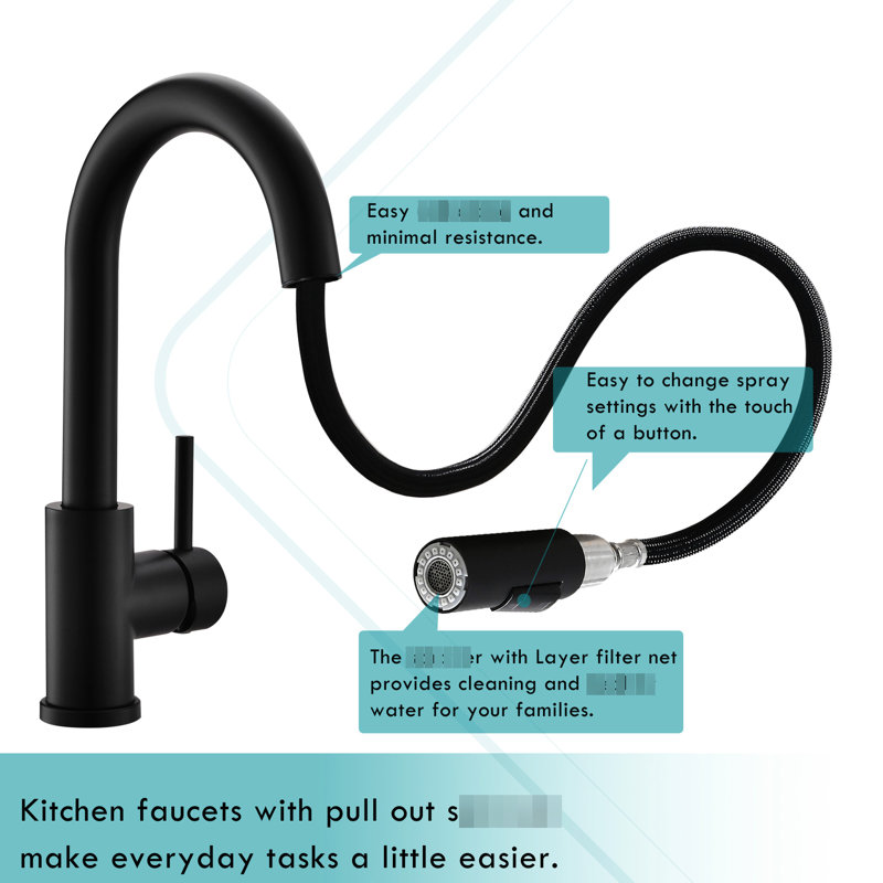 Robinet de salle de bain noir rétractable - pivotant à 360 °, poignée simple, robinets modernes en acier inoxydable pour évier de cuisine avec douchette en céramique
