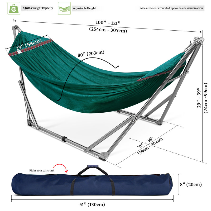 Support de hamac réglable, hamac de camping pliable et support, support de hamac double de luxe d'une capacité de 650 lb pour 2 personnes, assemblage facile, antidérapant et silencieux