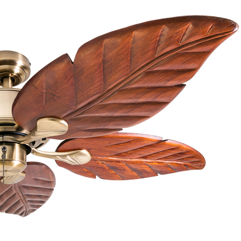 Aged Brass 52" Tropical Ceiling Fan with Wooden Leaf Blades