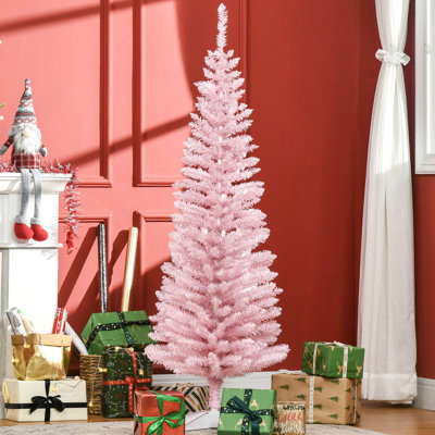 Arbre artificiel rose de 5 pi, mince avec 294 pointes et base en plastique ferme, antidéflagrant, support de branche à étapes de fluffing simples, ignifuge, décoration facile