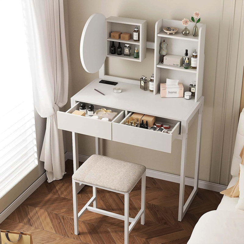 Small LED Lighted Vanity Desk with Mirror, Makeup Table with 3 Lighting Modes, Power Outlet, Drawer, Open Shelves & Cushioned Stool for Bedroom, White