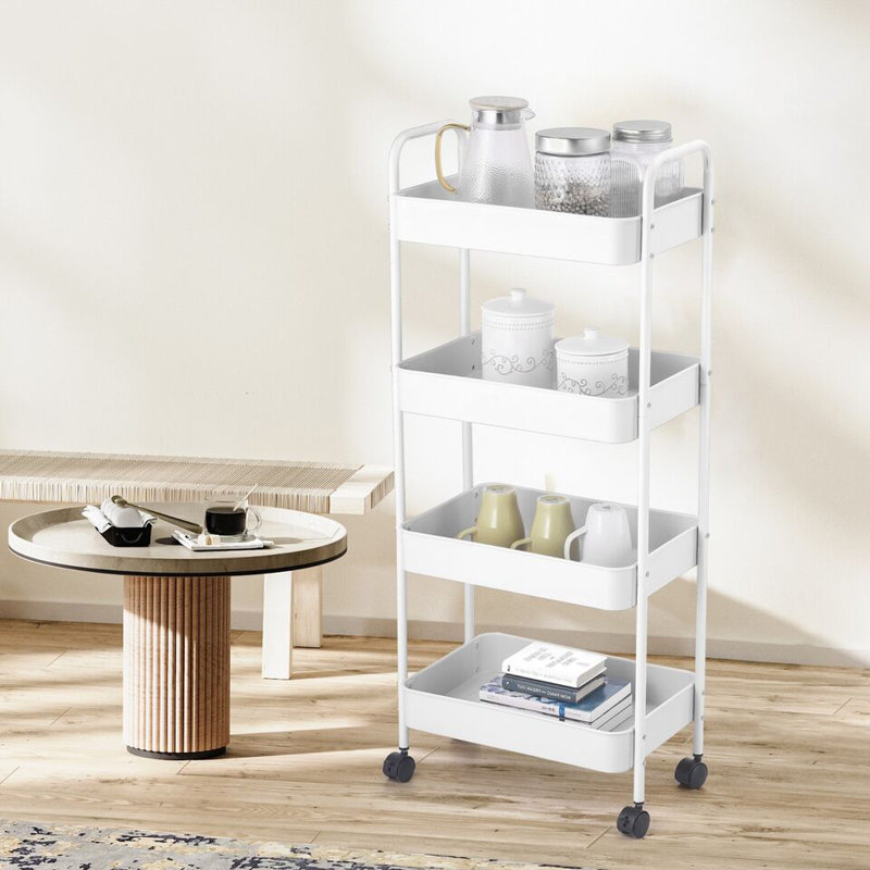 4 Tier Shelf Plastic Slim Storage Trolley Cart Castor Wheels Kitchen Organiser, White