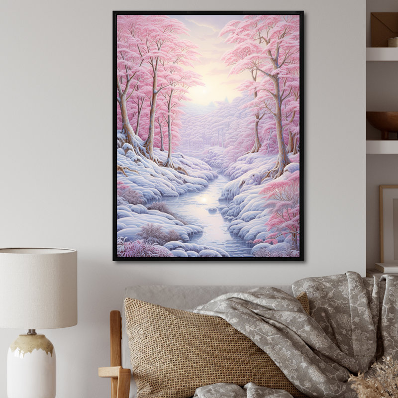 Kawaii paysage rivière d'hiver, H 44 po x l 34 po x P 1,5 po, Cadre flottant noir