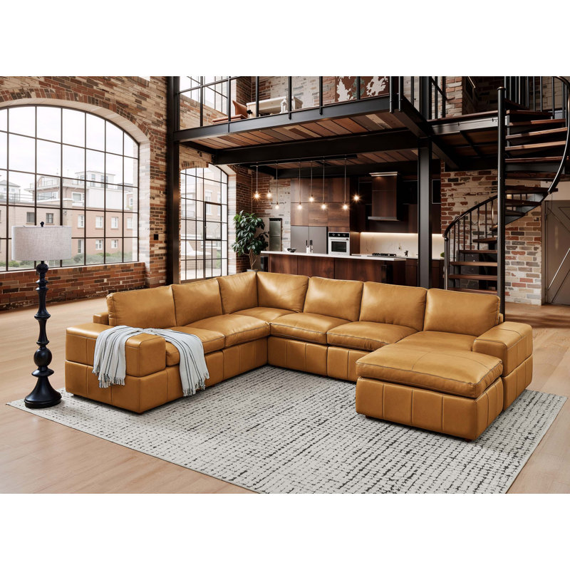 Canapé modulaire modulaire avec grands accoudoirs carrés et revêtement en cuir fleur, Top Grain Leather - Ginger