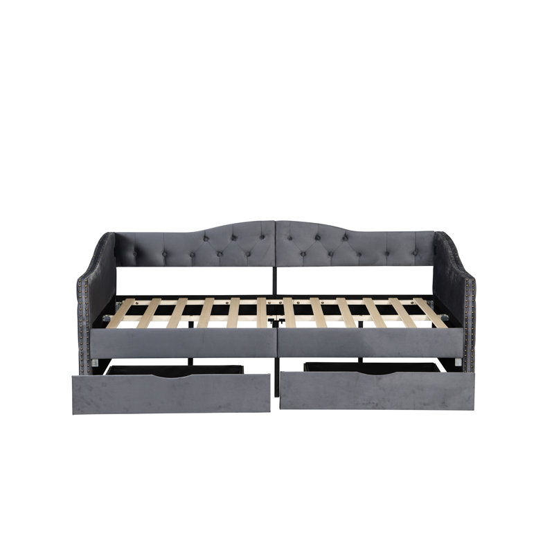 Grey Upholstered Daybed With Drawers - Twin Size, No Box Spring, Crafted From Wood Stylish Arms Size Velvet Upholstery And Storage Frame Stable Slats Elegant Design