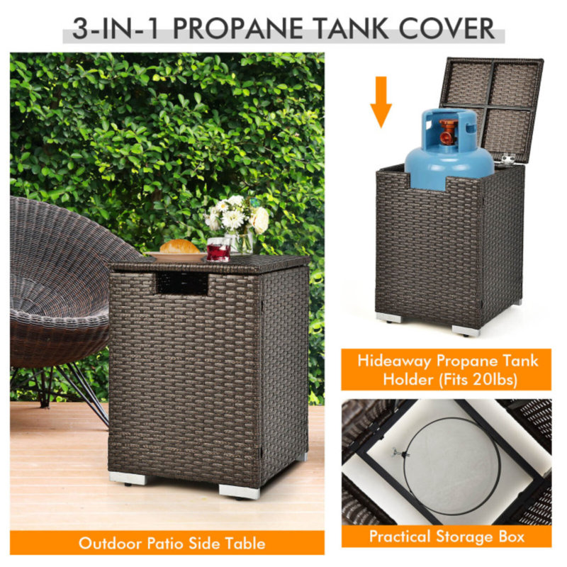 Ensemble de foyer d'extérieur 32 po 40 000 BTU rectangulaire en rotin au propane avec réservoir de table d'appoint et couvercle