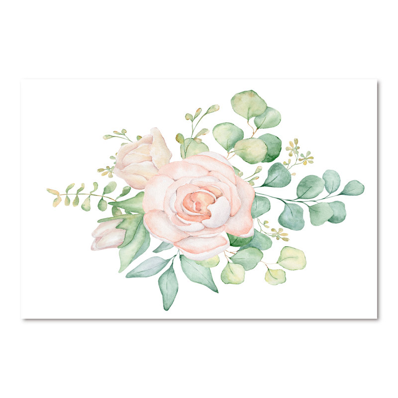 Bouquet de fleurs de rose et d'eucalyptus - Peinture sur toile, H 40 po x l 60 po x P 1,5 po, Toile tendue