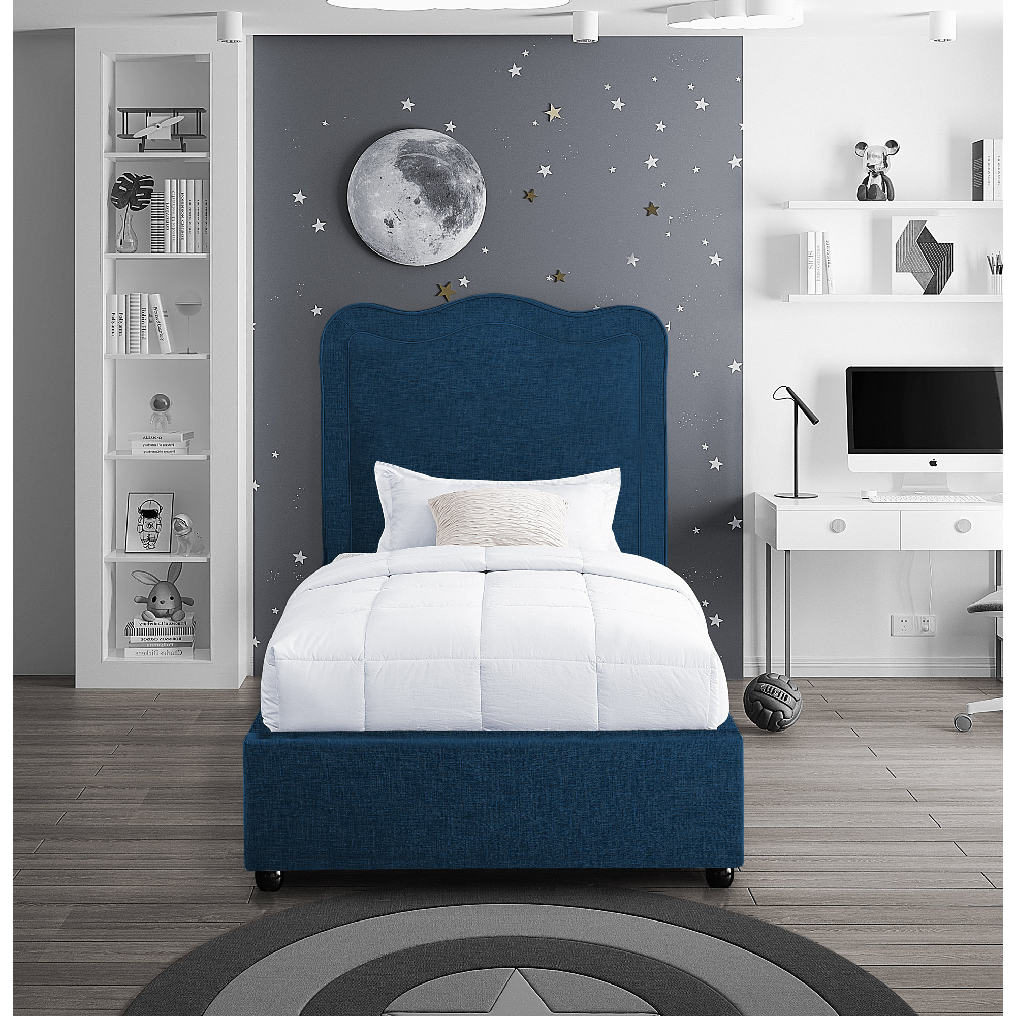 Upholstered Scalloped Bed, Bed Navy Linen, Twin