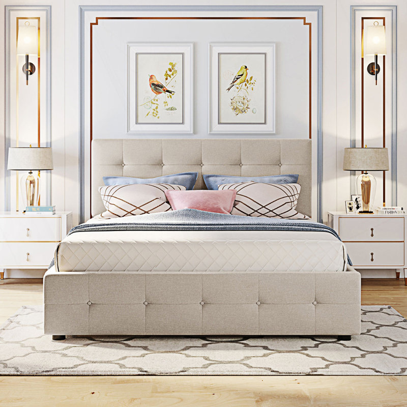 Lit tapissier avec 2 tiroirs et 1 lit gigogne simple, lit plateforme, Beige