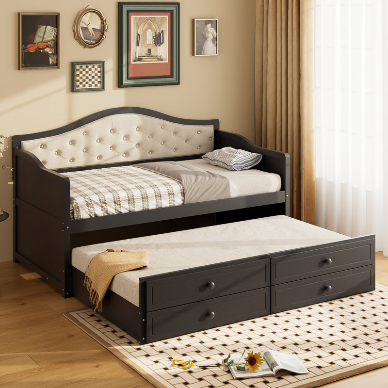 Upholstered Daybed With Trundle And Tufted Backrest, Black
