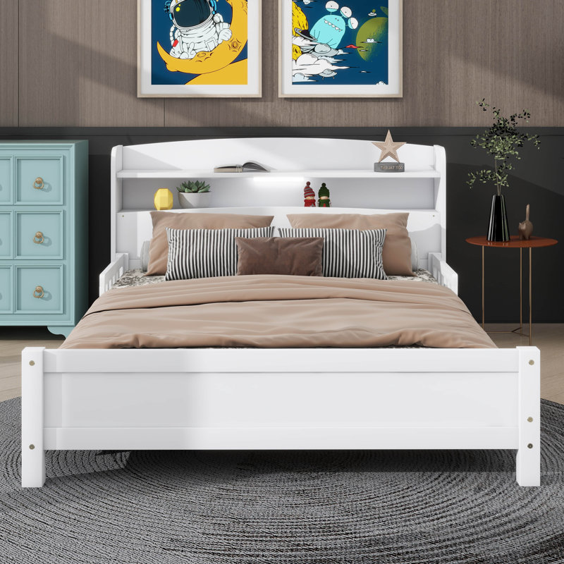 Platform Bed With Bookcase Headboard & LED Motion-Activated Light, White, Full
