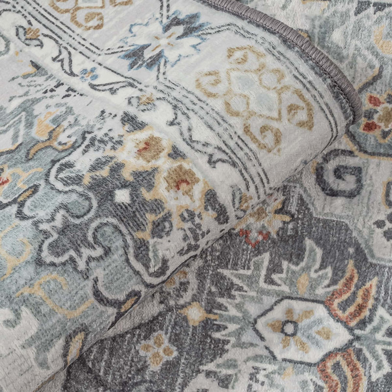 Oriental Non-Slip Machine Washable Area Rug in Grey/Yellow/Cream for Living Room, Bedroom, Hallway Runner Indoor Rugs