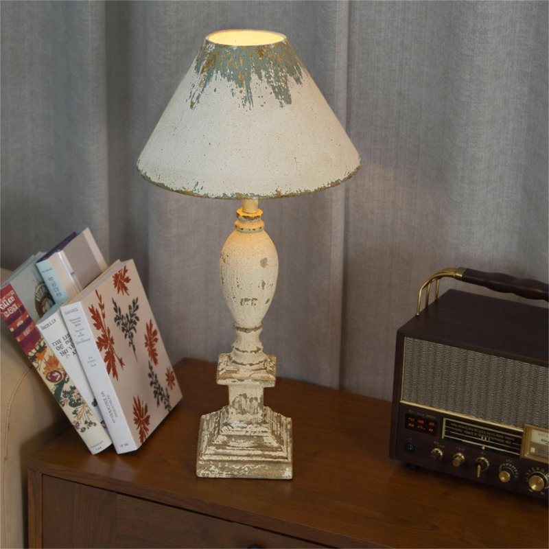 Rustic Vintage Table Lamp With Distressed White And Blue Shade, Elegant Base Design, 28.54" Height