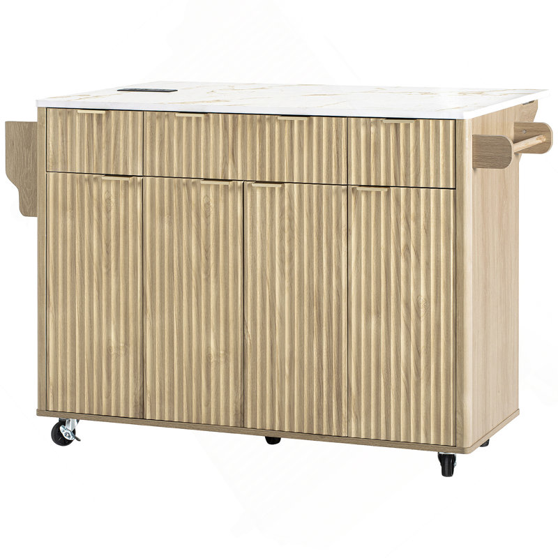 55.5" Fluted Kitchen Island With Drop Leaf, Storage, Charging Station & Lockable Wheels, Natural, White Marble
