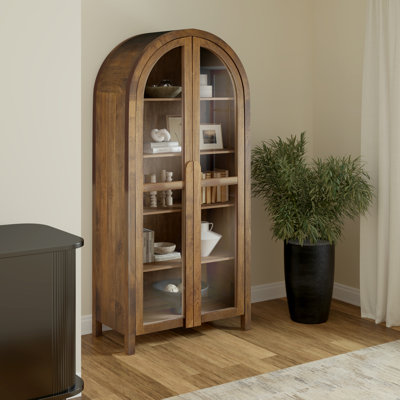 Transitional Hardwood and Glass Arched Storage Cabinet, Walnut