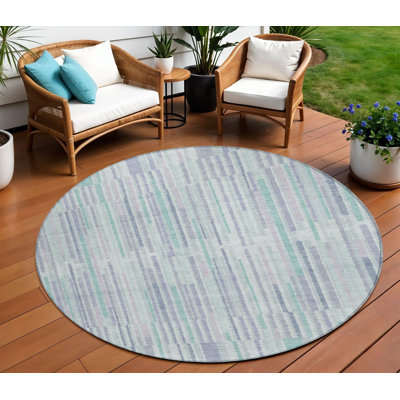 8' Mint Green And Ivory Round Striped Washable Indoor Outdoor Area Rug