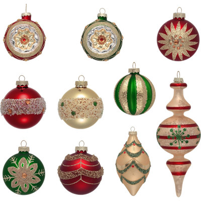 Ensemble d'ornements de Noël en verre Valery Madelyn, décorations de boules d'arbre de Noël en verre soufflé au mercure rouge moyen et vert 10 carats, décoration de luxe à facettes en forme de goutte en forme de faîteau