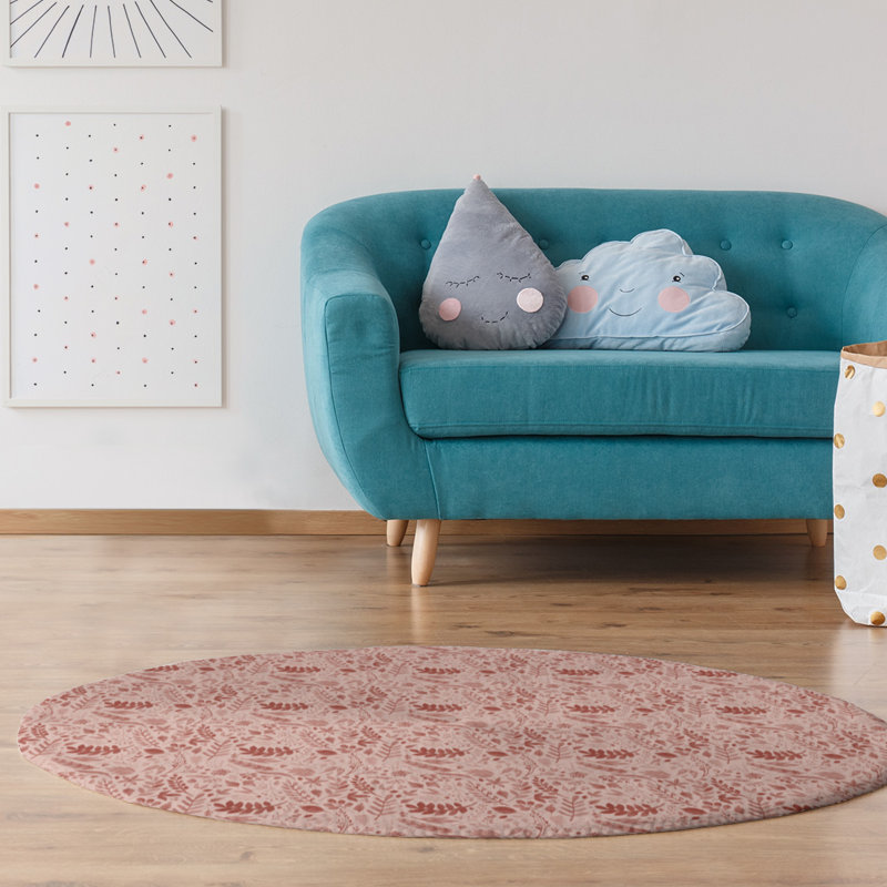Tapis de zone rouge floral fait main, Rond 5 pi