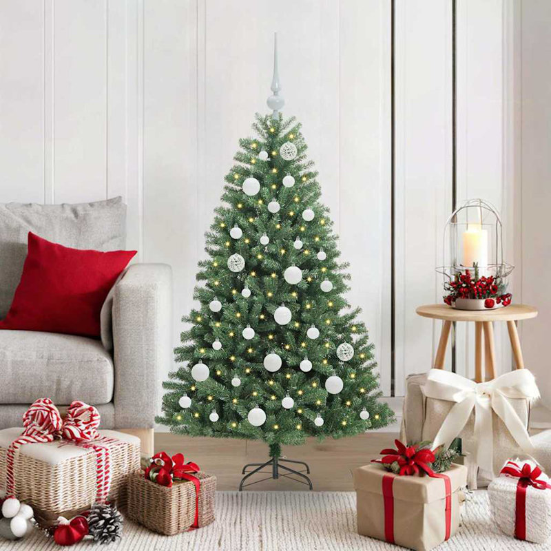 Artificial Hinged Christmas Tree Green PVC and Metal, with Leds & White Balls, 180 cm, Green