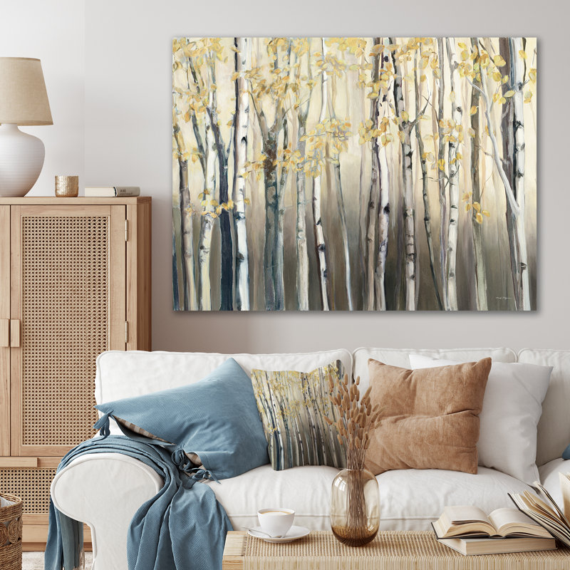 Forêt de bouleaux, art mural, impression de paysage de forêt dorée - Forêt de bouleaux dorés I, H 34 po x l 44 po, Cadre doré