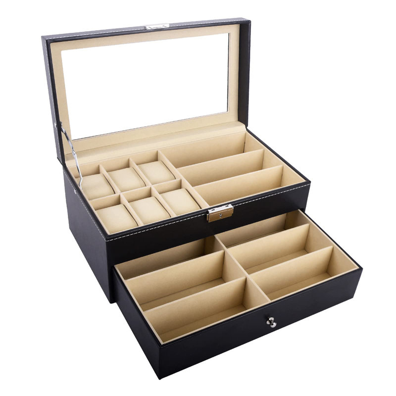 Boîte à bijoux en cuir avec 6 boîtes à bijoux et rangement à lunettes 9 pièces et porte-lunettes verrouillable, noir
