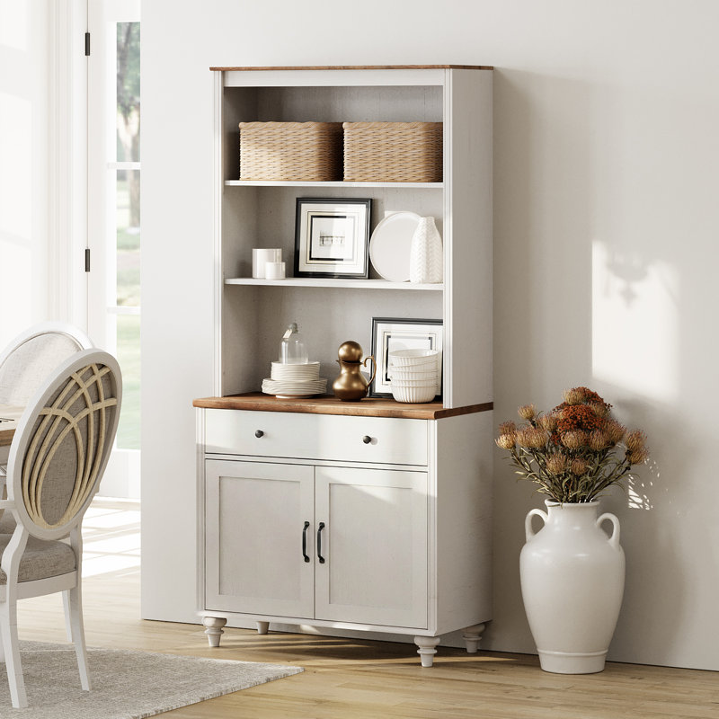 Scarlett Sideboard Cabinet With Bar Hutch, Farmhouse Sideboard Credenza For Dining Room, Modern Buffet Cabinet, Large Storage Cabinet With Wood Doors And 5 Tier Shelve, White