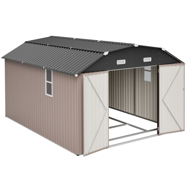 Remise de rangement extérieure en acier galvanisé brun de 1012 pi avec cadre de plancher pour une utilisation intensive, avec construction résistante aux intempéries, grande ouverture de porte, fenêtres transparentes, loquet et évents pour une chaleur efficace