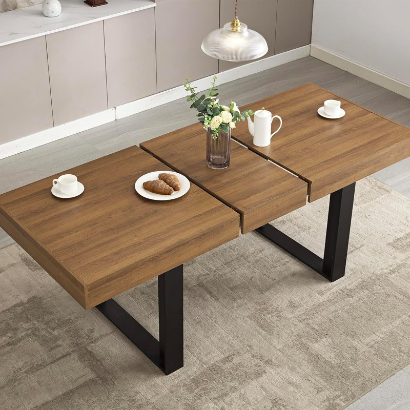 Rectangular Extendable Dining Table, Brown Wood, Black