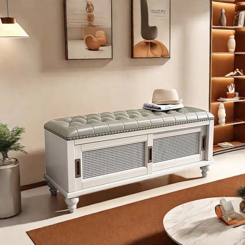 Banc en cuir et rotin tissé à la main