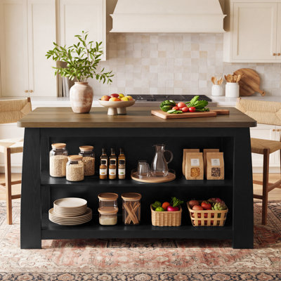 Îlot de cuisine de 140 cm avec étagères de rangement ouvertes, table de bar haute noire et brune avec sièges pour cuisine et salle à manger