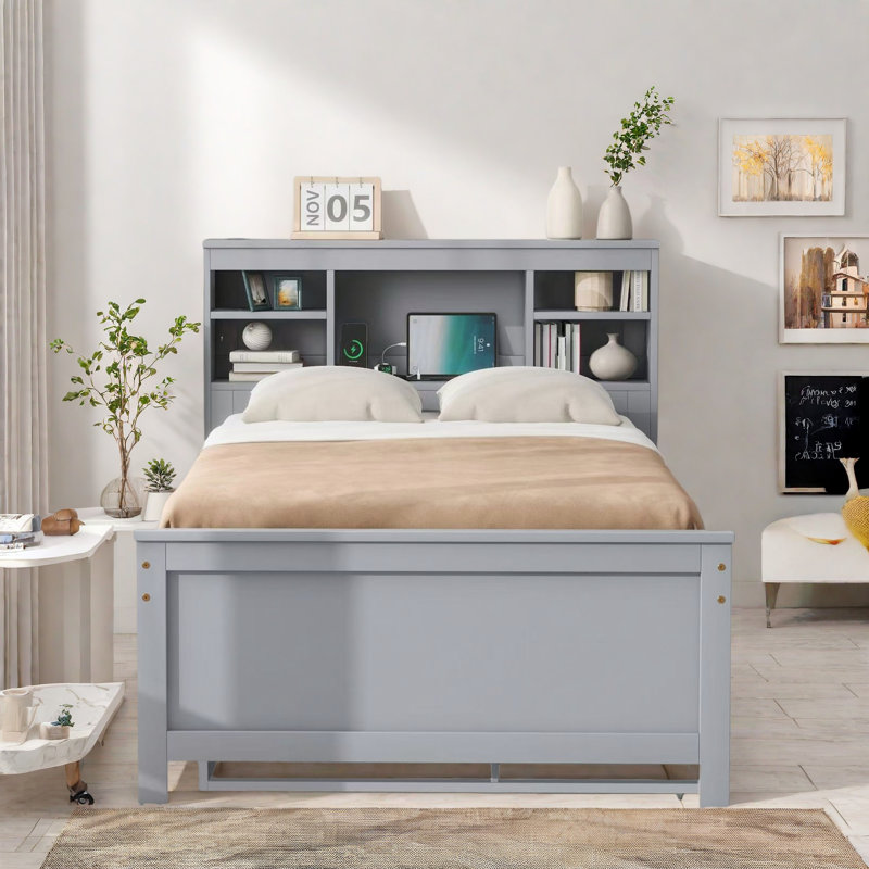 Lit plateforme avec tête de lit avec rangement, USB et 3 tiroirs, Gris