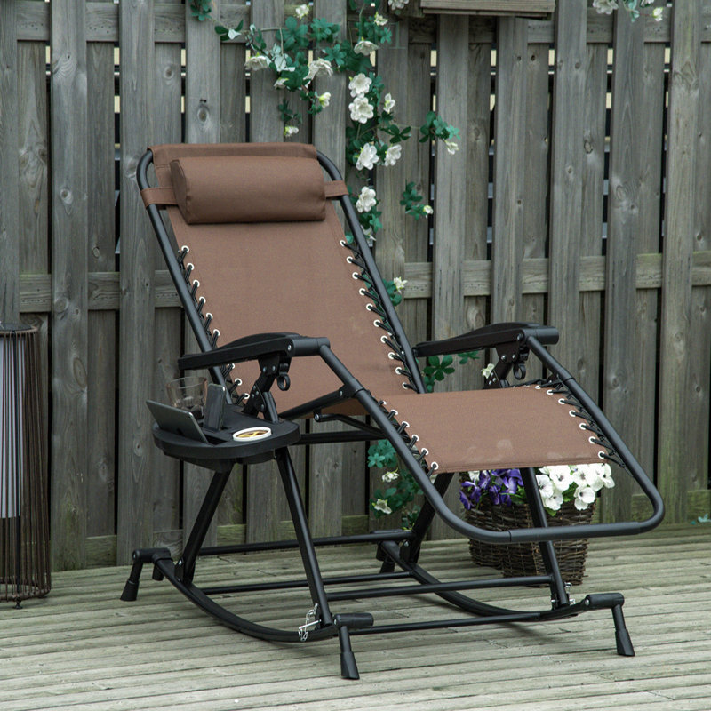 Fauteuil à bascule pliable d'extérieur zéro gravité avec oreiller, porte-gobelet et porte-téléphone, et pieds pliables, brun