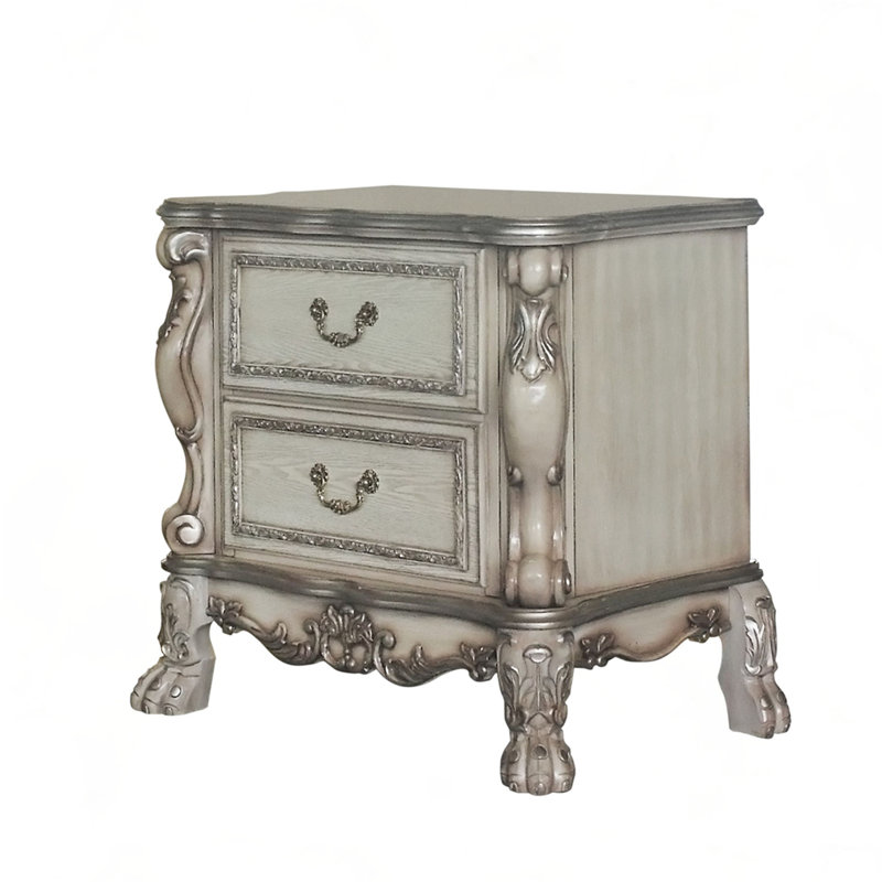 Table de chevet traditionnelle avec 2 tiroirs, Blanc antique