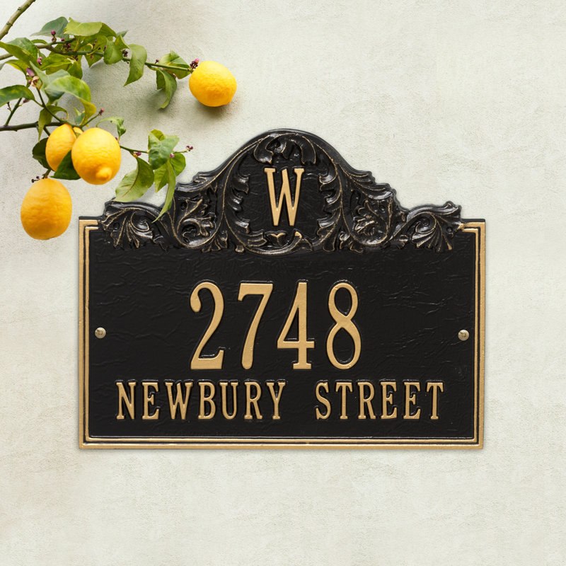 Acanthus Monogram 3-Line Wall Address Plaque, Black and Gold, Yes