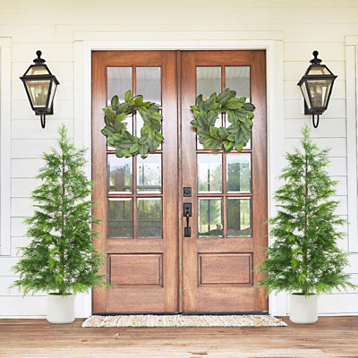 2Pcs Cedar Topiary Trees in White Planters,UV-Resistant Faux Evergreen Outdoor Indoor Decor,Artificial Cedar Christmas Porch Trees for Home Garden Farmhouse