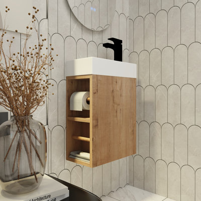 Ensemble de meuble-lavabo simple mural 16 po Aaronveer, petit meuble-lavabo flottant avec comptoir en acrylique, 1 porte et tablette ouverte