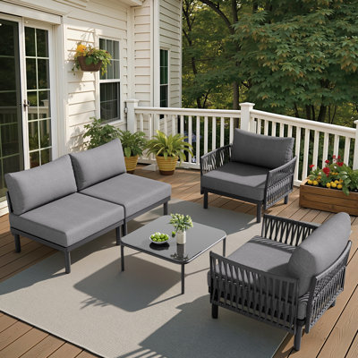 5-Piece Outdoor Aluminum Sectional Seating Group with 5.1" Thick Cushions and Coffee Table, Modular Deep Seating Patio Set