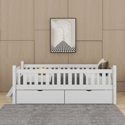 Lit plateforme simple en bois avec tiroirs et garde-corps