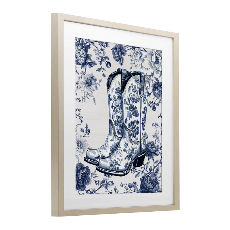 Fleurs bleues printanières et bottes encadrées, sous-verre, design avec lettres et doublure, H 16 po x l 13 po