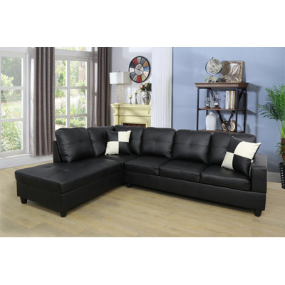 Black Faux Leather 3-Piece L-Shaped Sectional Sofa Set with Ottoman for Living Room